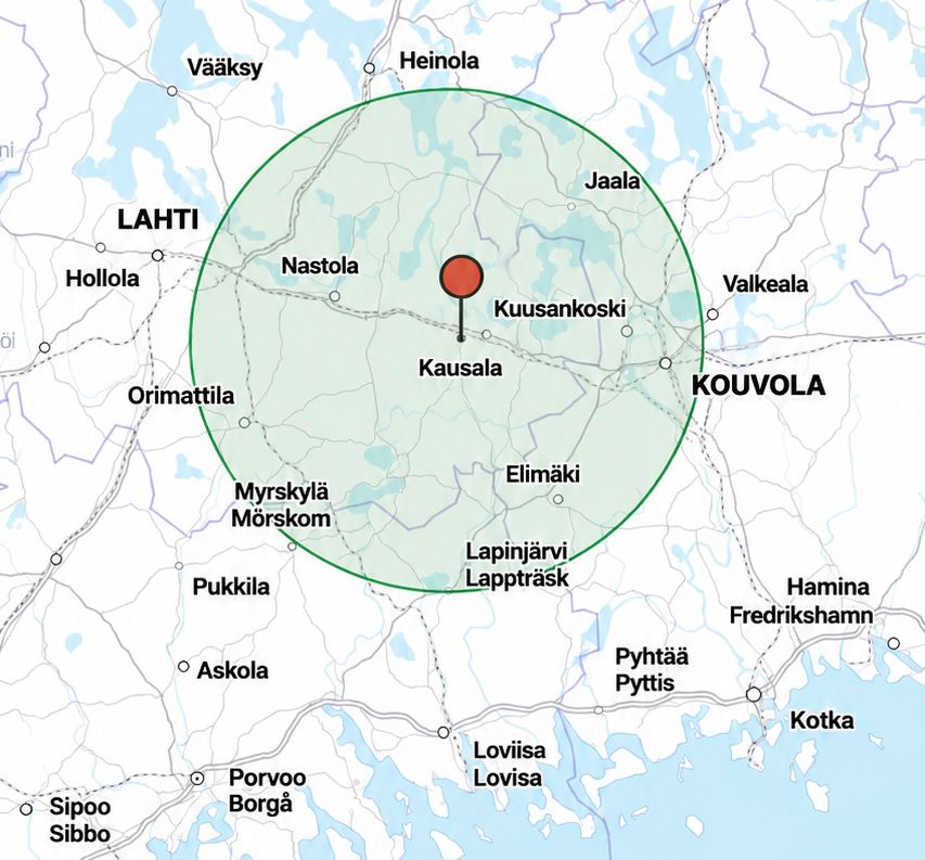 Sähkötekniikka Näkki Oy toimialue – noin 80 km säteellä Kausalasta